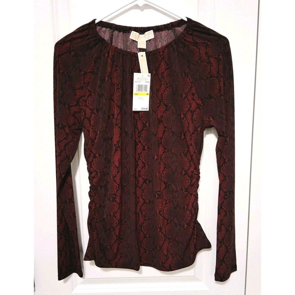 Michael Kors Women's Ruched Red/Black Snakeskin Long Sleeve Top Medium New w/Tag